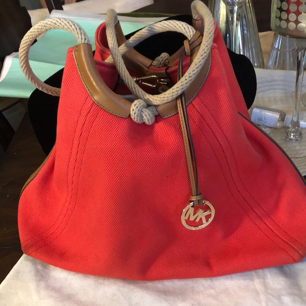Michael Kors Nautical thick textured canvas rope straps snap close shoulder bag